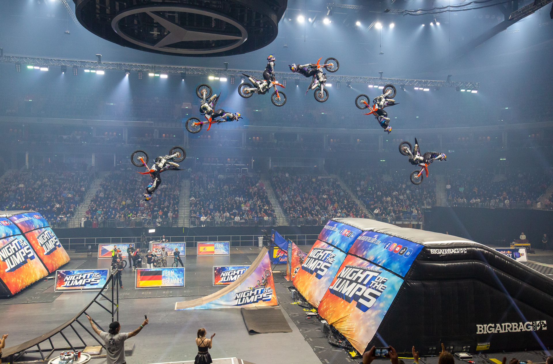 FMX trick landing on airbag ramp