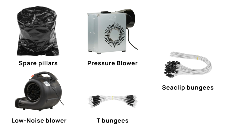 Pièces détachées BigAirBag : colonnes, souffleur de rechange, élastiques Seaclip et accessoires de maintenance.